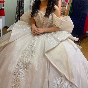 Quinceañera XV RAGAZZA Glittering Cream Off-Shoulder Gown Color: Champagne